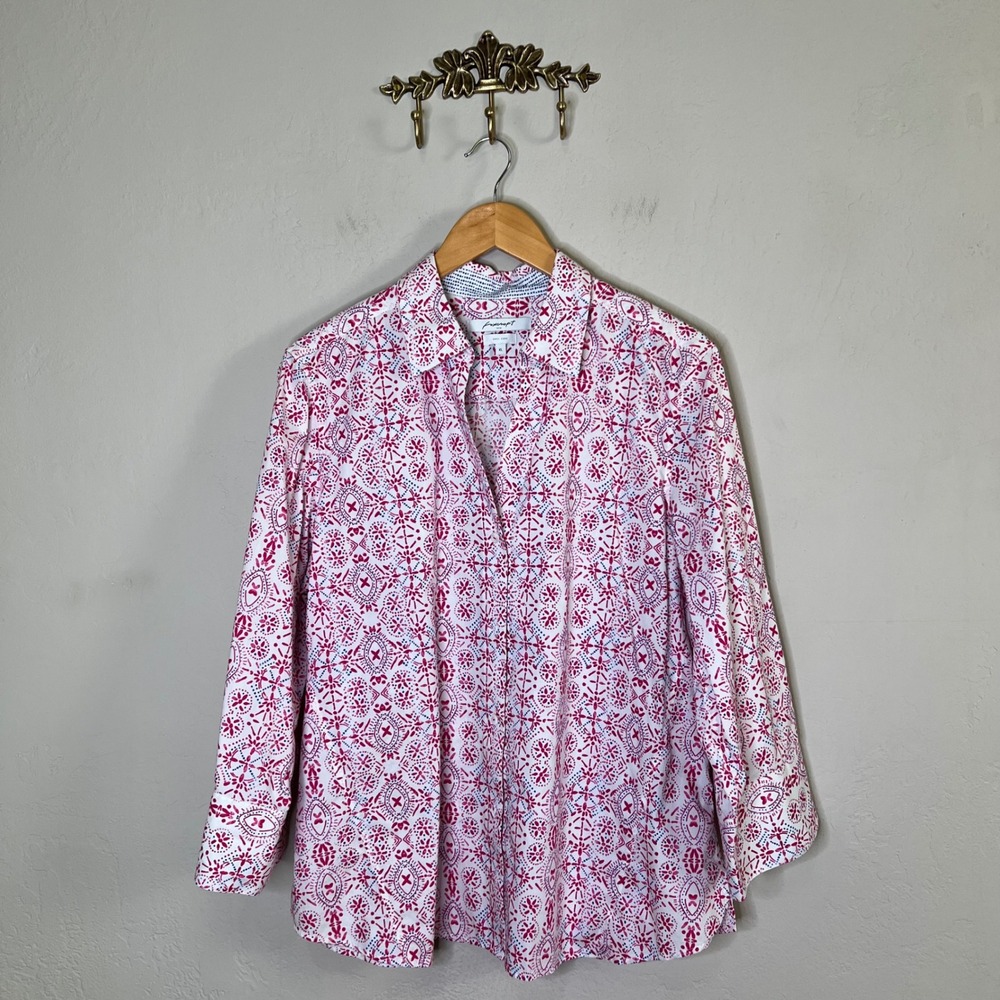 Foxcroft Button Down Easy Care Shirt Women XL Pink White Geometric 3/4 Sleeve